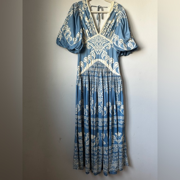 FARM RIO ANTHROPOLOGIE Elegant Blue and Cream Women's Dress - Picture 13 of 14